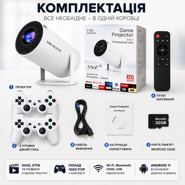 Проектор Game Projector M300 MAX/HY300 4K UHD Android 11 приставка для домашнього кінотеатру з 2 джойстиками, пультом та microSD 32GB, ігровий портативний проектор для дому - Фото 5 Проектор Game Projector M300 MAX/HY300 4K UHD Android 11 приставка для домашнього кінотеатру з 2 джойстиками, пультом та microSD 32GB, ігровий портативний проектор для дому - зображення 5