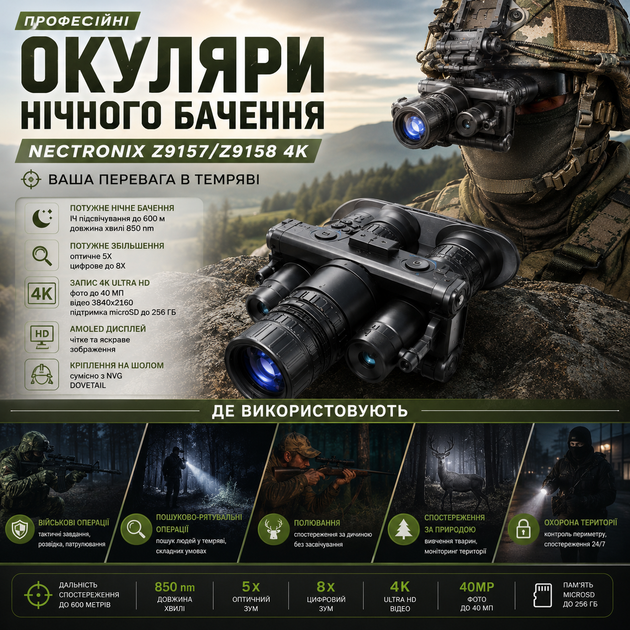 Окуляри нічного бачення Nectronix Z9157/Z9158 4K з кріпленням на шолом, цифровий бінокль, прилад ПНБ із записом відео - Фото 2 Окуляри нічного бачення Nectronix Z9157/Z9158 4K з кріпленням на шолом, цифровий бінокль, прилад ПНБ із записом відео - зображення 2