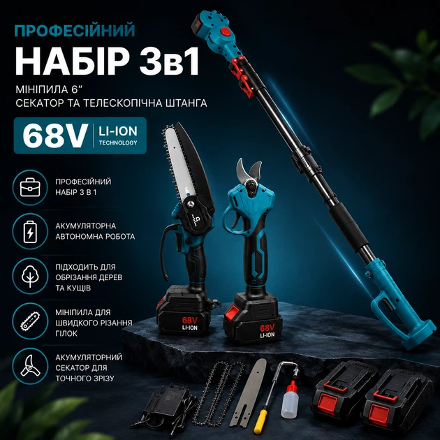 Акумуляторний набір 3в1 68V мініпила 6" VOLLYX секатор телескопічна штанга для саду з 2 акумуляторами та зарядним пристроєм - Фото 2 Акумуляторний набір 3в1 68V мініпила 6" VOLLYX секатор телескопічна штанга для саду з 2 акумуляторами та зарядним пристроєм - зображення 2