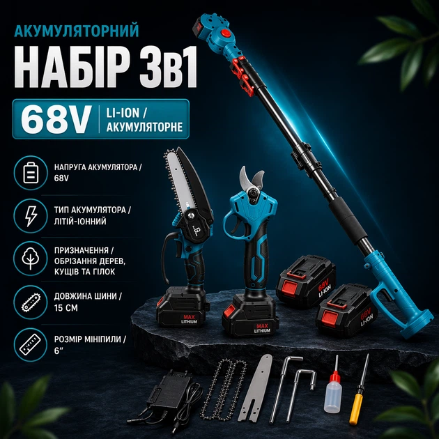 Акумуляторний набір 3в1 68V мініпила 6" VOLLYX секатор телескопічна штанга для саду з 2 акумуляторами та зарядним пристроєм - Фото 3 Акумуляторний набір 3в1 68V мініпила 6" VOLLYX секатор телескопічна штанга для саду з 2 акумуляторами та зарядним пристроєм - зображення 3