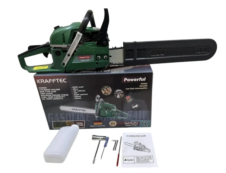 Бензопила ланцюгова Krafftec 6500 Вт 58 см³ 45 см професійна садова для рубки дерев шина 450 мм із захисним чохлом та ключем для обслуговування - Фото 3 Бензопила ланцюгова Krafftec 6500 Вт 58 см³ 45 см професійна садова для рубки дерев шина 450 мм із захисним чохлом та ключем для обслуговування - изображение 3
