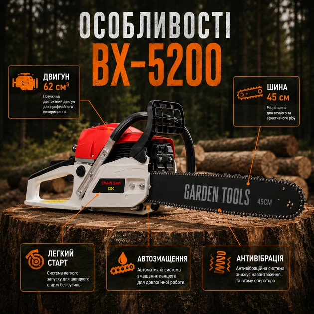 Бензопила Garden Tools 5,9 кВт 45 см для саду потужна професійна з високою продуктивністю та ергономічною рукояткою у комплекті з захисними окулярами та рукавицями - Фото 5 Бензопила Garden Tools 5,9 кВт 45 см для саду потужна професійна з високою продуктивністю та ергономічною рукояткою у комплекті з захисними окулярами та рукавицями - зображення 5