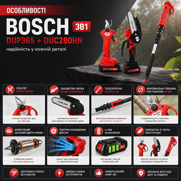 Садовий набір BOSCH секатор DUP365 + пила DUC280HN + штанга 2 м - зображення 5