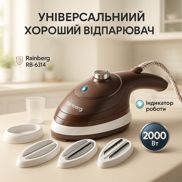 Ручной отпариватель для одежды Rainberg RB-6314 2000 Вт с двумя сменными насадками, паровая щетка - изображение 12