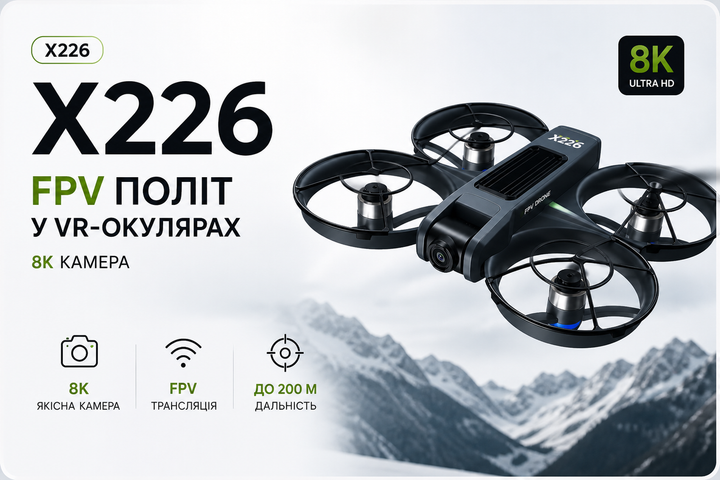 Дрон X226 з VR окулярами та 8K камерою, FPV квадрокоптер з безщітковими моторами, подвійною камерою та Optical Flow - зображення 11