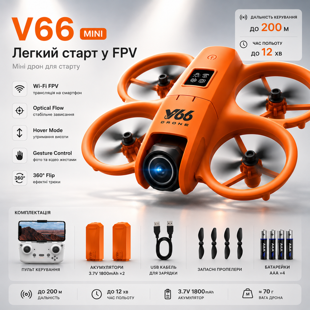 Квадрокоптер Детский мини-дрон V66 с HD-камерой и защитой от падений до 20 мин/ 2 АКБ + батарейки в пульт управления - Фото 9 Квадрокоптер Детский мини-дрон V66 с HD-камерой и защитой от падений до 20 мин/ 2 АКБ + батарейки в пульт управления - изображение 9
