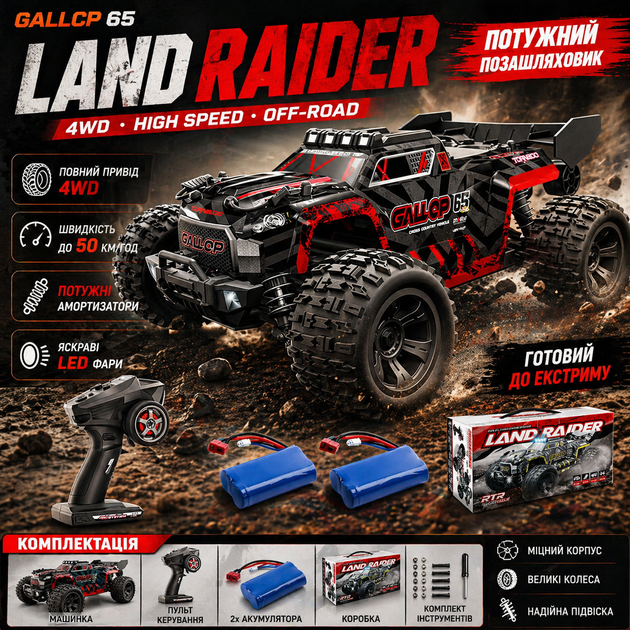 Радіокерована машинка 18108 PRO 1:18 4WD Brushless на пульті керування до 50 км/год, RC позашляховик, всюдихід, LED, 2 акумулятори - зображення 8