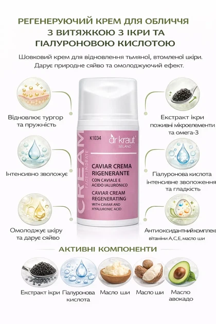 Регенеруючий крем для обличчя з витяжкою з ікри та гіалуроновою кислотою. Крем для тьмяної шкіри, шовковий крем Dr.Kraut 50 мл - зображення 2