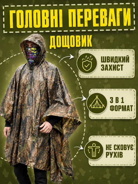 Дощовик-пончо 3 в 1 туристичний камуфляжний One Size для походів, риболовлі та кемпінгу коричневий(49675998) - зображення 2