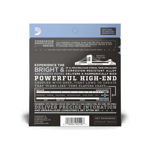 Струны для бас-гитары DʼADDARIO EPS170-6 ProSteels Bass Light 6-String (32-130) - изображение 3
