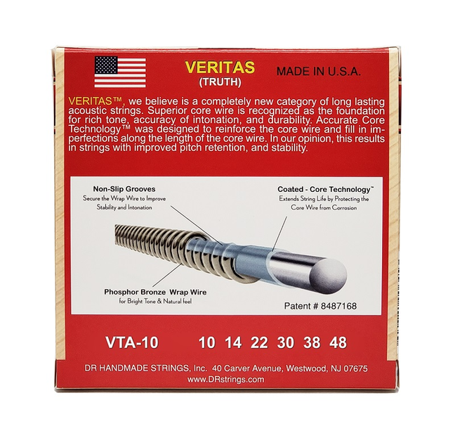 Струни для акустичної гітари DR Strings VERITAS Coated Core Acoustic Guitar Strings - Extra Light (10-48) - Фото 2 Струни для акустичної гітари DR Strings VERITAS Coated Core Acoustic Guitar Strings - Extra Light (10-48) - зображення 2