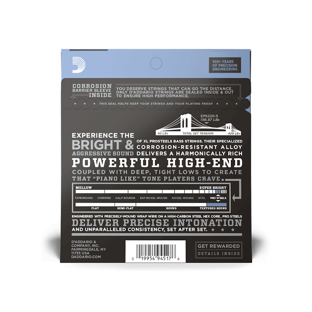 Струны для бас-гитары DʼADDARIO EPS220-5 XL ProSteels Bass Super Light 5-String (40-125) - изображение 3