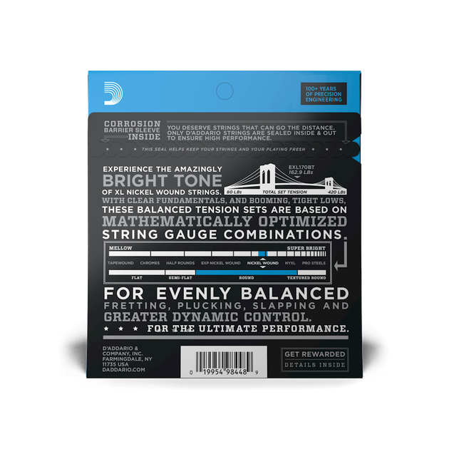 Струни для бас-гітари DʼADDARIO EXL170BT XL Nickel Wound Balanced Tension Regular Light (45-107) - Фото 2 Струни для бас-гітари DʼADDARIO EXL170BT XL Nickel Wound Balanced Tension Regular Light (45-107) - зображення 2