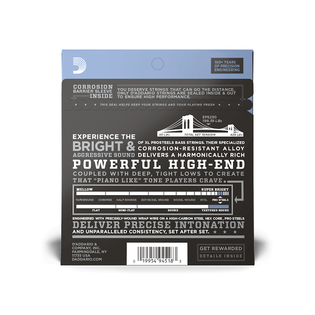Струни для бас-гітари DʼADDARIO EPS230 XL ProSteels Bass Heavy (55-110) - Фото 3 Струни для бас-гітари DʼADDARIO EPS230 XL ProSteels Bass Heavy (55-110) - зображення 3