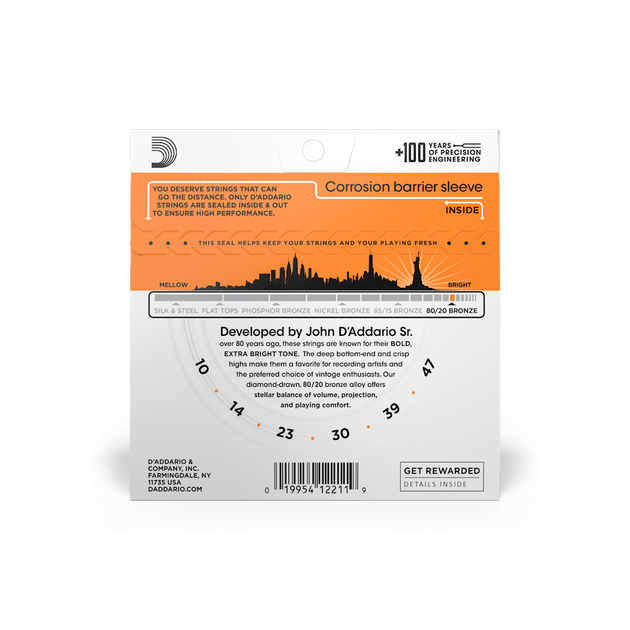 Струни для акустичної гітари DʼAddario EJ10 80/20 Bronze Extra Light (10-47) - зображення 3