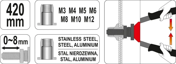 Заклепочник двуручный YATO для заклепочных гаек M3-M12 420 мм в футляре YT-36125 - Фото 5 Заклепочник двуручный YATO для заклепочных гаек M3-M12 420 мм в футляре YT-36125 - изображение 5