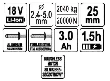 Заклепочник акумуляторний безщітковий YATO 18 В 2.0 А·год YT-82955 - Фото 8 Заклепочник акумуляторний безщітковий YATO 18 В 2.0 А·год YT-82955 - зображення 8
