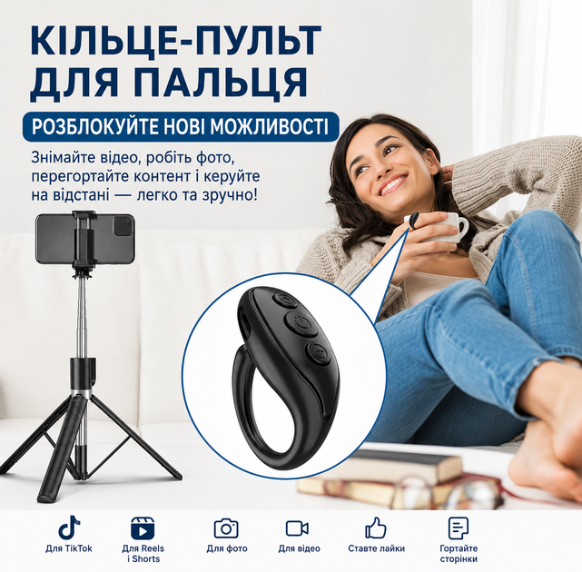 Bluetooth пульт-кільце для смартфона: дистанційне керування TikTok, Reels (Білий) - Фото 3 Bluetooth пульт-кільце для смартфона: дистанційне керування TikTok, Reels (Білий) - зображення 3