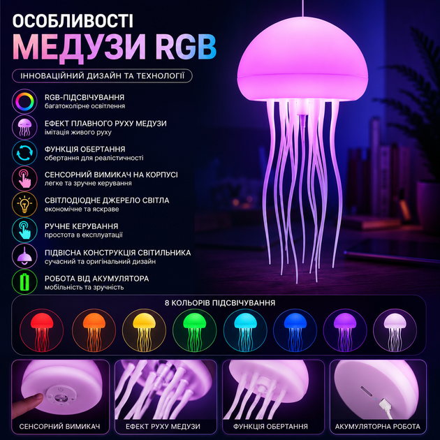 Настольная лампа-ночник в виде медузы с RGB-подсветкой - изображение 5