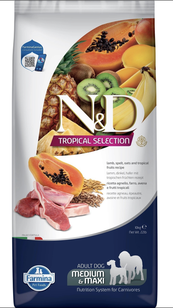 Сухой низкозерновой корм Farmina ND Dog Adult MEDIUM MAXI Low Grain Tropical Selection Lamb для взрослых собак средних и крупных пород с ягненком и тропическими фруктами 10кг - Фото 1 Сухой низкозерновой корм Farmina ND Dog Adult MEDIUM MAXI Low Grain Tropical Selection Lamb для взрослых собак средних и крупных пород с ягненком и тропическими фруктами 10кг - изображение 1