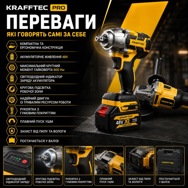 Набір акумуляторного інструменту Krafftec Germany PRO DCF600 20В 2 акумулятори + DCG413 бездротовий шуруповерт кутова шліфмашина для домашніх та професійних робіт з кейсом та зарядним пристроєм - изображение 5