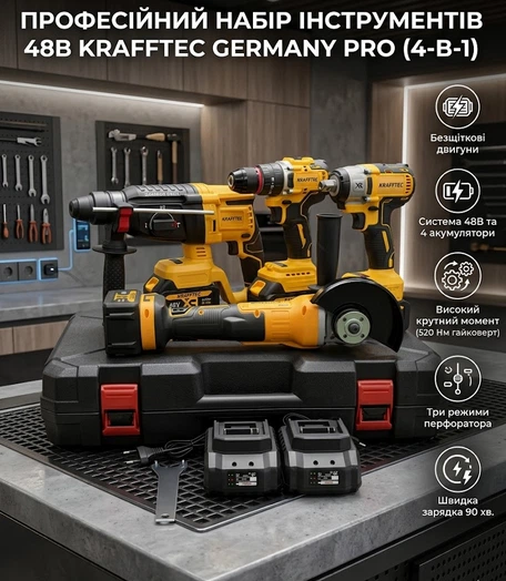 Набір акумуляторного інструменту Krafftec Germany PRO 48V 4в1 шуруповерт, гайковерт, болгарка, перфоратор професійний для ремонту та будівництва з 4 акумуляторами 6.0Ah та кейсом - Фото 1 Набір акумуляторного інструменту Krafftec Germany PRO 48V 4в1 шуруповерт, гайковерт, болгарка, перфоратор професійний для ремонту та будівництва з 4 акумуляторами 6.0Ah та кейсом - изображение 1