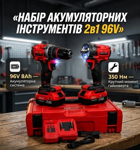 Набір акумуляторних інструментів 2в1 VOLLYX 96V 8Ah ударний шуруповерт та гайковерт бездротовий для збірки з 2 акумуляторами та кейсом - изображение 2