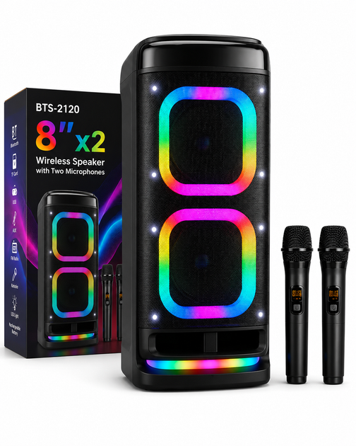Портативная Bluetooth колонка BTS-2120 с двумя беспроводными микрофонами, RGB подсветка, 2 динамика 8", караоке акустика, черная - Фото 1 Портативная Bluetooth колонка BTS-2120 с двумя беспроводными микрофонами, RGB подсветка, 2 динамика 8", караоке акустика, черная - изображение 1