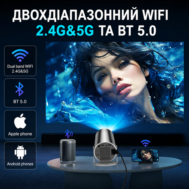 Мини-проектор DITONG HY300 Plus Android 11 Wi-Fi 6 Bluetooth 5.0 HD 720P 4K Black - изображение 8