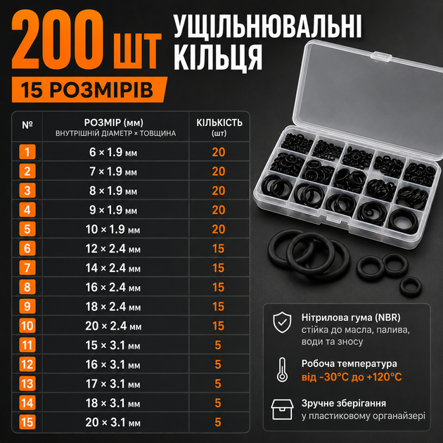 Набор уплотнительных колец O-Ring 200 шт из нитрильной резины в пластиковом органайзере черный - изображение 2