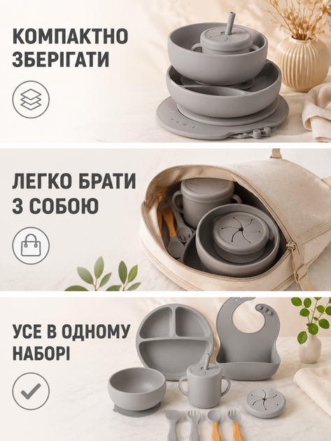 Набор детской силиконовой посуды 8 предметов серый на присосках для первого прикорма (49676028) - изображение 5