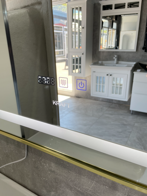Дзеркало Kraft 2007-V 800×600 мм з LED-підсвічуванням, золотою рамкою, годинником та антизапотіванням - изображение 3