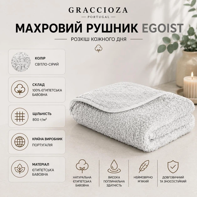 Махровий рушник Graccioza Egoist, Для лазні, 70x140 см, Світло-сірий - зображення 4