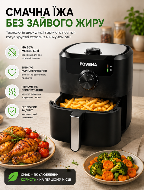 Мультипечь аэрофритюрница Pova 5.5L 1500W с функцией аэрогриля для приготовления без масла - Фото 7 Мультипечь аэрофритюрница Pova 5.5L 1500W с функцией аэрогриля для приготовления без масла - изображение 7