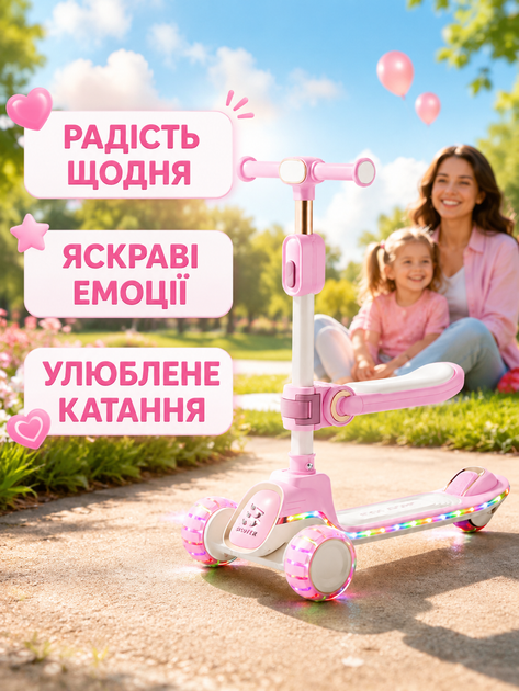 Дитячий триколісний самокат 2в1 рожевий складаний із сидінням підсвічуванням коліс музикою Bluetooth та регульованим кермом (49675957) - зображення 8