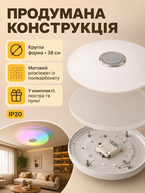 Светодиодная потолочная люстра-светильник RGB с Bluetooth колонкой и пультом (26276280) - изображение 7