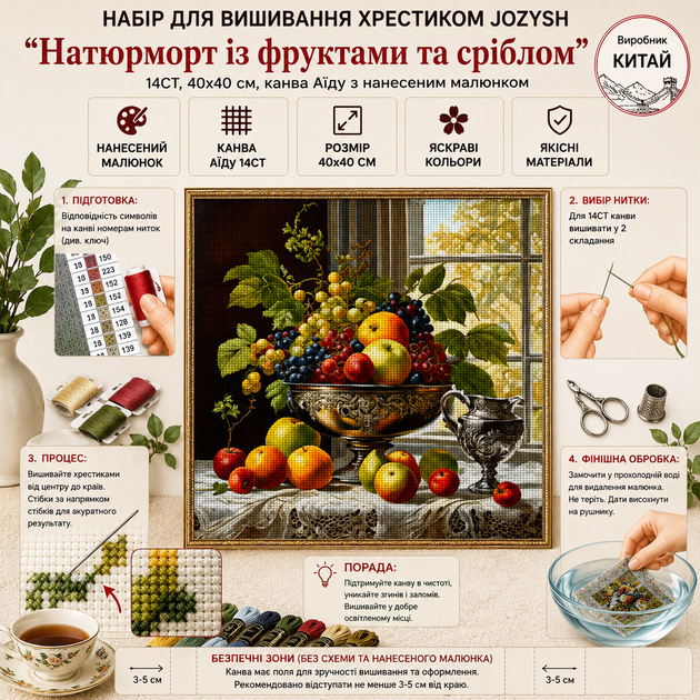 Набор для вышивки крестом JOZYSH "Натюрморт с фруктами и серебром" 14CT, 40x40 см, канва Аида с нанесенным рисунком - изображение 2