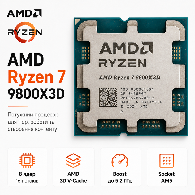 Процессор AMD Ryzen 7 9800X3D sAM5 4.7GHz 8C/16T 120W Tray (100-000001084) - изображение 2