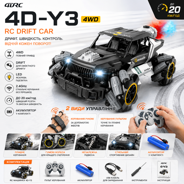 Машинка на радиоуправлении 4D-Y3 4WD с управлением рукой и пультом, RC Drift Car с LED подсветкой, дрифт авто для детей - изображение 6