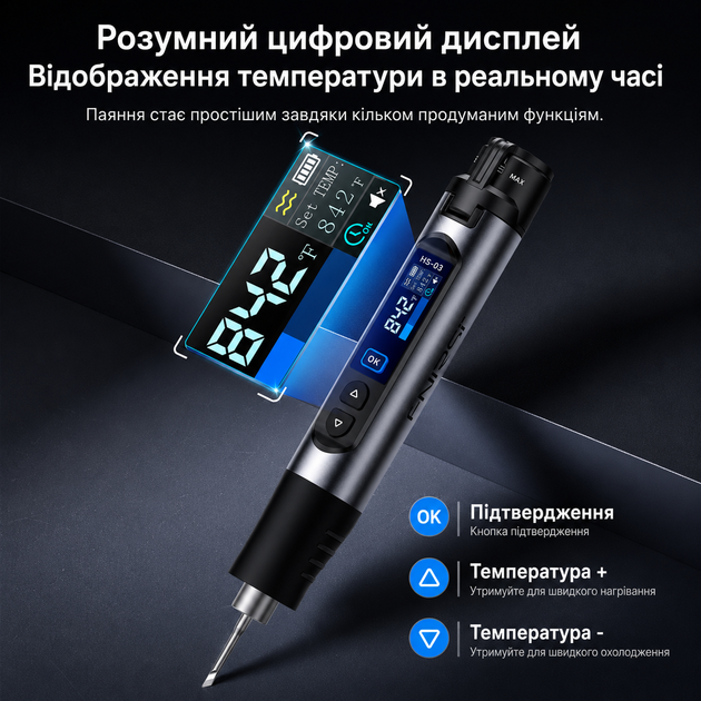 Паяльник аккумуляторный с регулировкой температуры и экраном HS-03 паяльный набор с аккумулятором 2600 мАч 3 жалами и футляром паяльники с питанием 5В от батареи и розетки - изображение 8