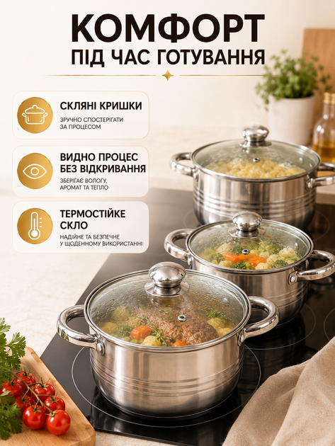 Набор кастрюль из нержавеющей стали 8 предметов 16/18/20/22 см со стеклянными крышками для всех типов плит (49675918) - изображение 3