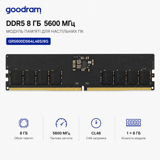 Оперативна пам'ять Goodram GR5600D564L46S/8G 8 ГБ DDR5 5600 МГц DIMM Black - зображення 2