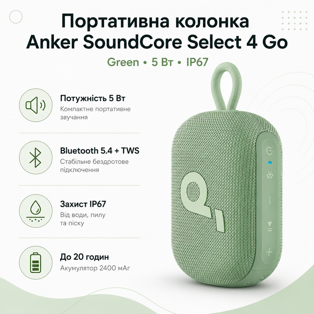 Портативна колонка Anker SoundCore Select 4 Go 5 Вт IP67 TWS 20h Green (A31X1061) - зображення 2