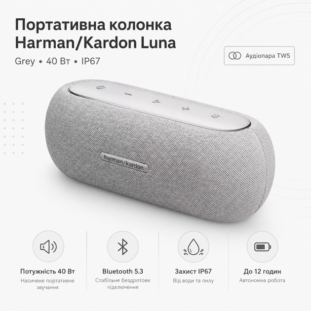 Портативная колонка Harman/Kardon Luna 40 Вт IP67 12h Grey (HKLUNAGRYEU) - изображение 2