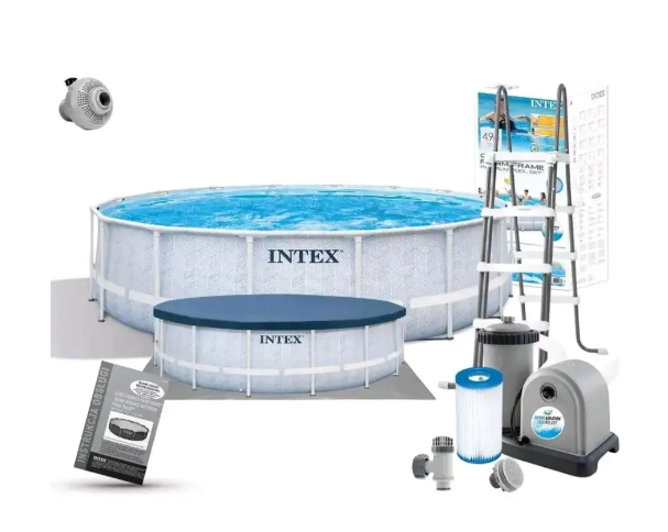 Каркасный круглый бассейн для отдыха на природе Intex полный комплект с фильтром, лестницей, тентом и подстилкой 19156 л из крепкого материала 488×122 см - изображение 8