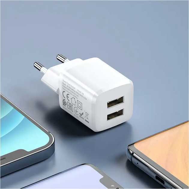 Сетевое зарядное устройство HOCO N8 2USB 2.4A с кабелем USB C 1м для смартфонов и гаджетов быстрая зарядка белое - Фото 4 Сетевое зарядное устройство HOCO N8 2USB 2.4A с кабелем USB C 1м для смартфонов и гаджетов быстрая зарядка белое - изображение 4