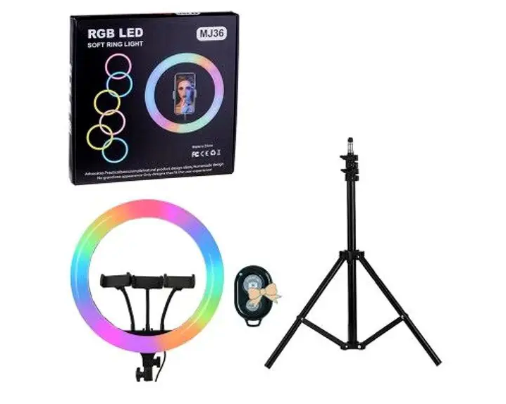 Кольцевая лампа RGB LED 36 см с держателями для смартфонов и Bluetooth пультом для фото и видео съемки - Фото 1 Кольцевая лампа RGB LED 36 см с держателями для смартфонов и Bluetooth пультом для фото и видео съемки - зображення 1