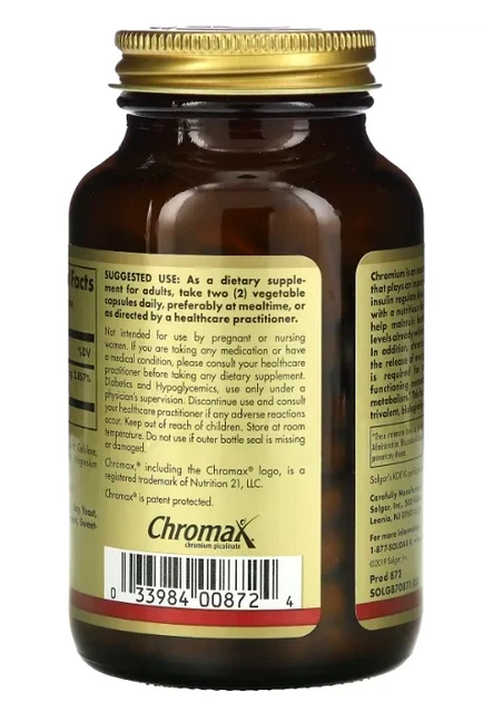 Пиколинат хрома Солгар Solgar Chromium Picolinate 500 mcg бад для снижения тяги к сладкому и похудения, 60 растительных капсул - изображение 2