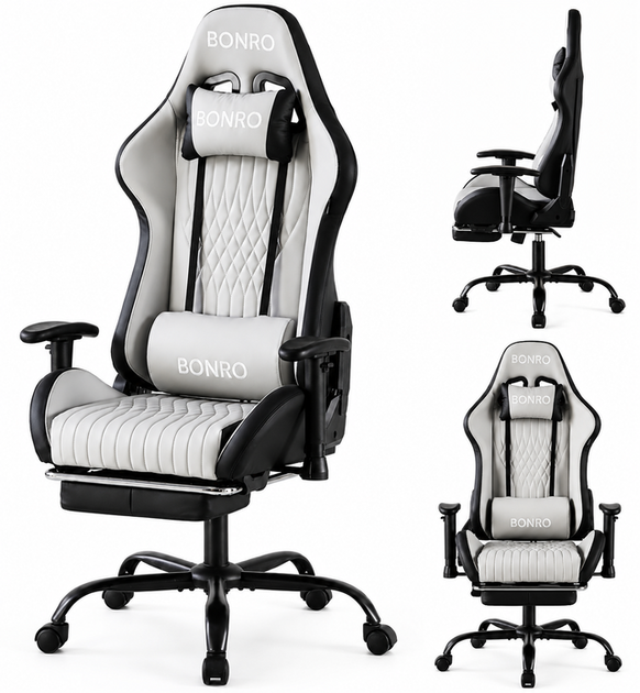Кресло геймерское игровое Bonro 1002G-1 серое с подставкой для ног (42401212) - Фото 2 Кресло геймерское игровое Bonro 1002G-1 серое с подставкой для ног (42401212) - изображение 2