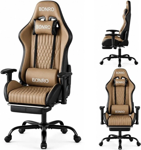 Кресло геймерское игровое Bonro 1002G-1 коричневое с подставкой для ног (42401211) - изображение 2
